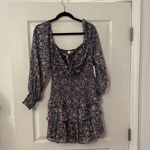 Astr Navy and Pink Floral Long Sleeve Dress